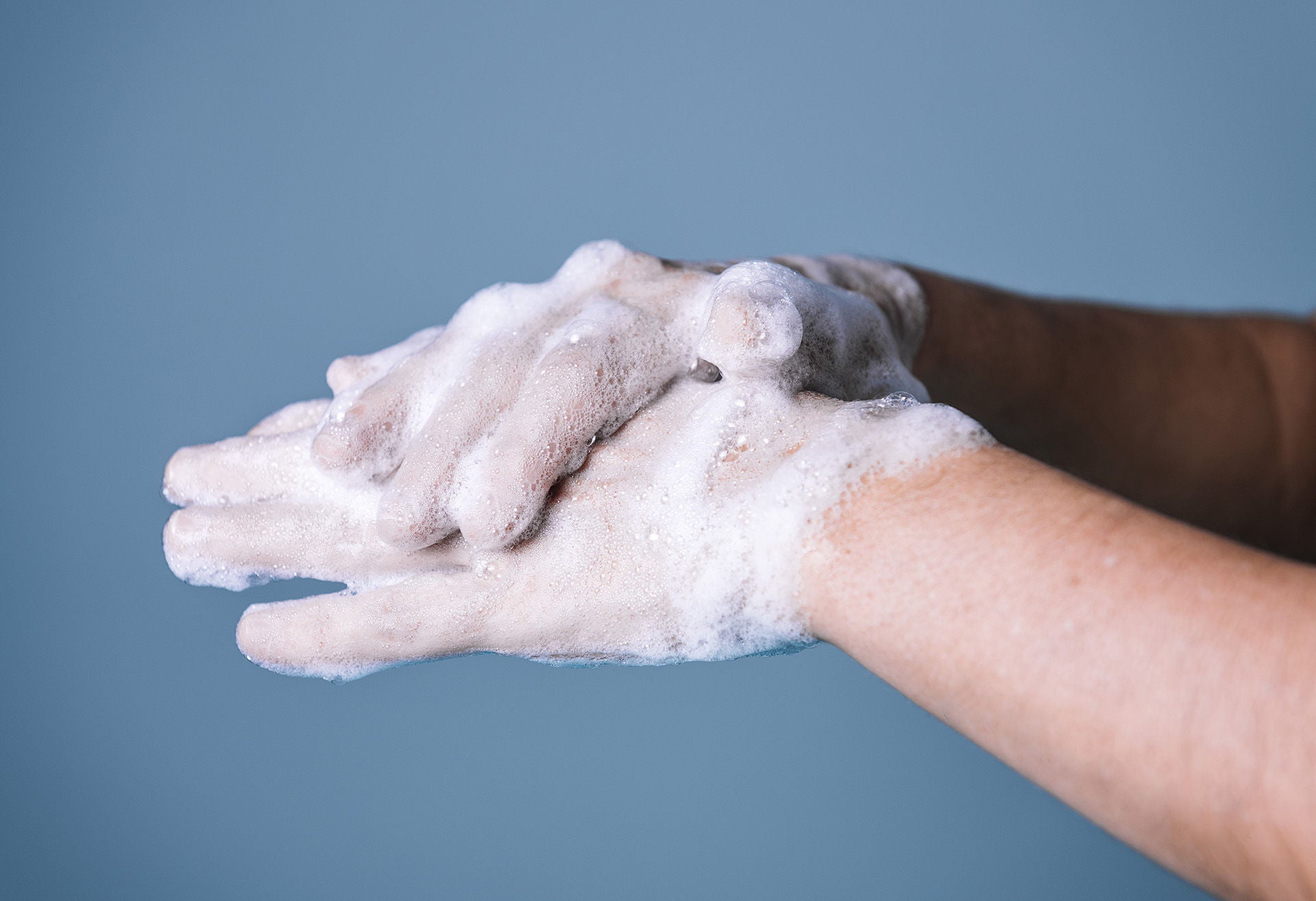 step by step procedure for correct hand washing for proper disinfection, step two, virus and bacteria prevention concept, horizontal photo, copy space for text