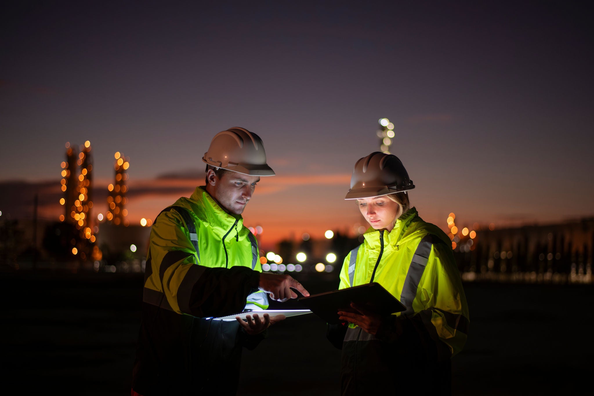 Engineers wearing safety gear, including hard hats examining survey are using tablet collaborating and discussing on screen work plant site use with night lights of oil refinery industry background.